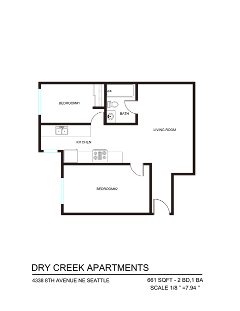 Floor plan for 2 beds, 1 bath, 472 sqft